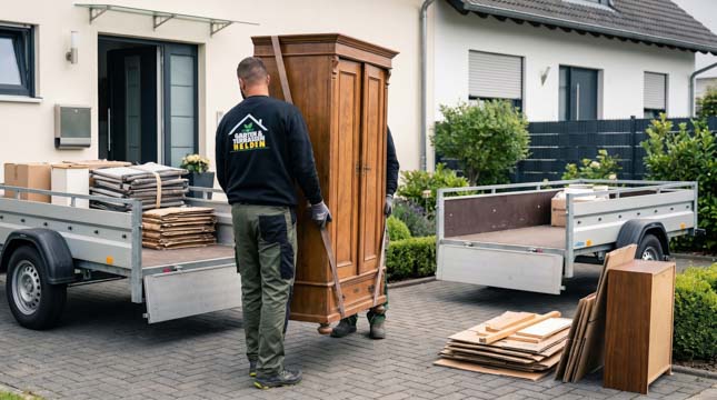 Mitarbeiter bei der Entrümpelung an einem gepflegten Wohnhaus