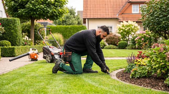 Frisch gepflegte Gartenfläche mit sauber geschnittenem Rasen