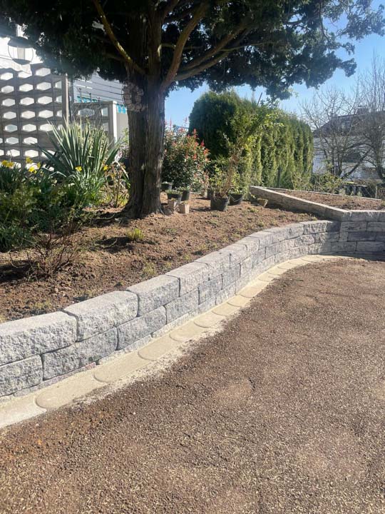 Geschwungene Natursteinmauer mit vorbereiteter Beetfläche in einem Garten