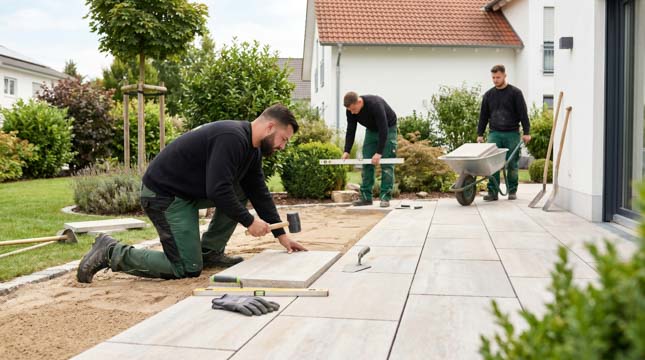 Neu gebaute Terrasse im Garten eines Wohnhauses