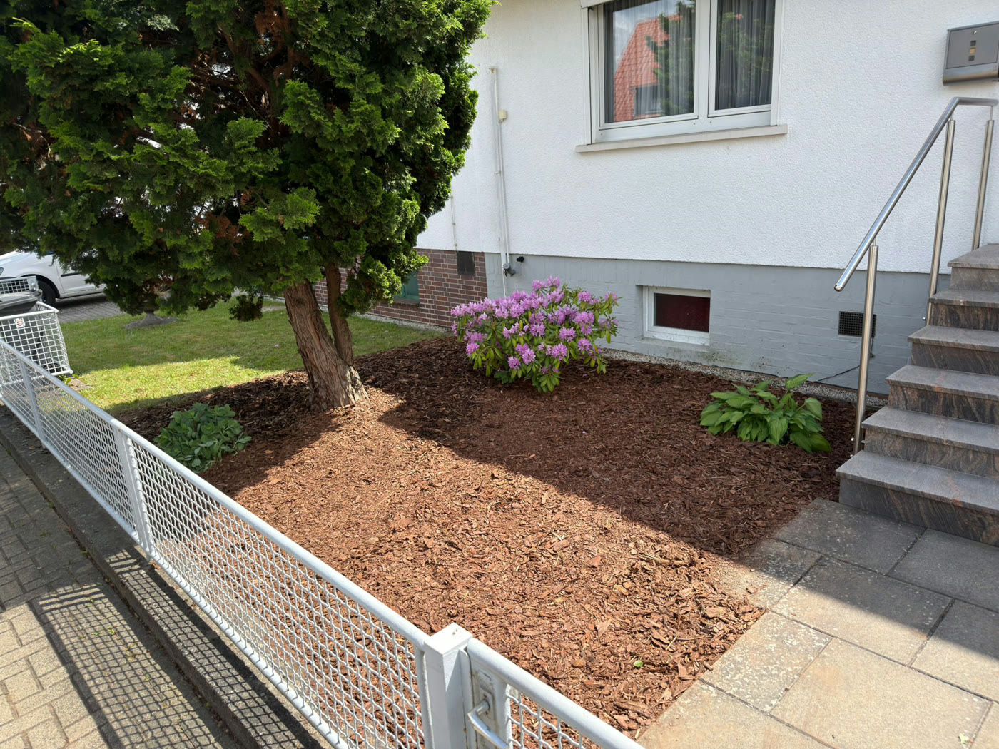 Neu gestalteter Vorgarten mit Mulchbeet